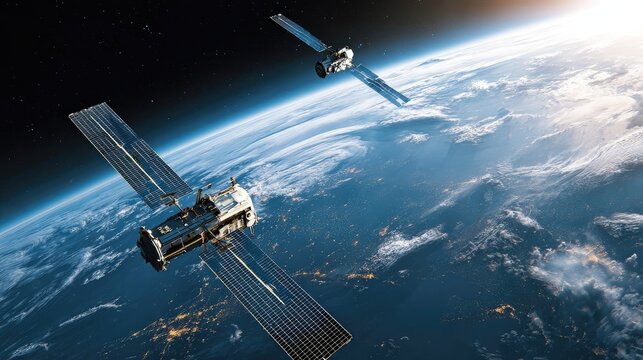 A captivating view from space of two satellites in orbit around the Earth.