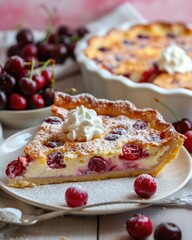 Slice of cherry custard pie with whipped cream
