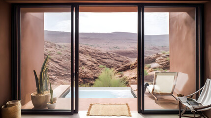 A private villa at a minimalist desert resort, with a private plunge pool and stunning canyon landscape views, 