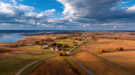 autumn village aerial landscape view