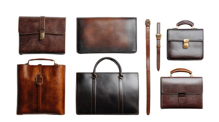 High-End Leather Bags: A flat lay of high-end leather bags with sleek designs, isolated on a Transparent background, PNG file.