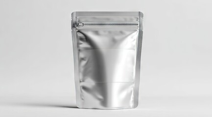 A standing, silver, foil pouch with a resealable zipper top and blank label area, isolated on a white background