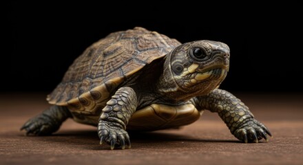 Obraz premium Detailed close up portrait of a box turtle crawling on a wooden floor on dark background