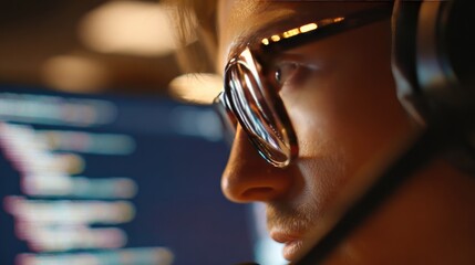 A close-up profile view of a man wearing headphones and a headset, deeply engrossed in coding on a computer screen.