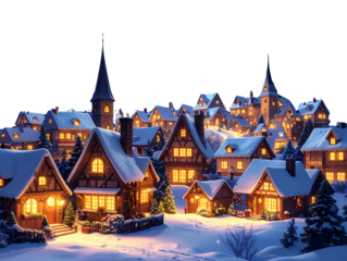 Whimsical Miniature Village with Glowing Windows Under Full Moon and Starry Sky, Front View, Isolated on Transparent Background