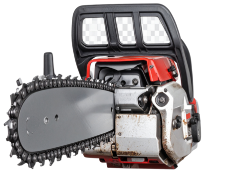 Chainsaw Angled Top-Down View with Handle Grip, Isolated Transparent Background PNG