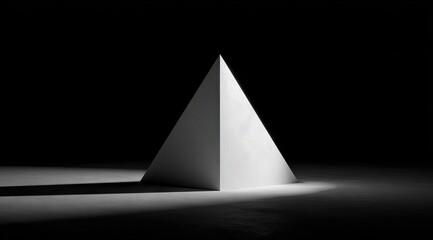 Fototapeta premium A stark, high-contrast monochrome image depicts a white, geometric, quadrilateral pyramid illuminated from the front, casting a distinct shadow on a dark surface, suggesting a minimalist, 