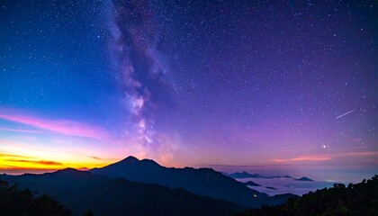 Panoramic view of the Milky Way over mountains at dawn