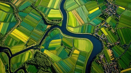 aerial view river farmland village