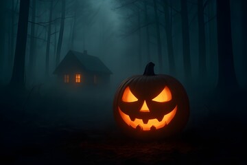 Obraz premium A solitary glowing jack-o'-lantern in a misty forest landscape with a warmly lit rustic cabin in the background at twilight, evoking a spooky Halloween atmosphere.