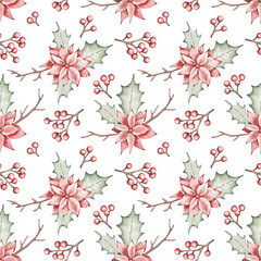 Seamless pattern hand drawn by watercolor. Traditional Christmas foliage - mistletoe, poinsettia, holly and other greenery. Festive Christmas plants design in retro style
