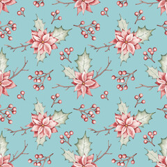 Seamless pattern hand drawn by watercolor. Traditional Christmas foliage - mistletoe, poinsettia, holly and other greenery. Festive Christmas plants design in retro style
