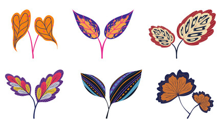 Colourful Designer Leaves Sticker Set | Vector Art Illustration | Tropical & Decorative Leaf Designs, Collection of colourful and designer leaves in vector sticker style. Perfect for digital art, 