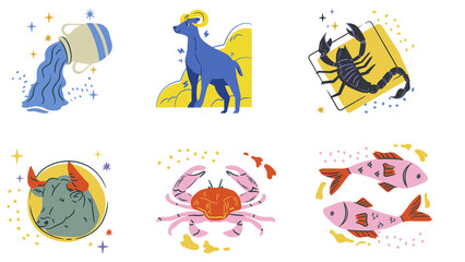 12 Horoscope Symbols Illustration, Rashi Zodiac Signs Sticker Set | Indian Astrology Vector, Aries, Taurus, Gemini, Cancer, Leo, Virgo, Libra, Scorpio, Sagittarius, Capricorn, Aquarius, and Pisces