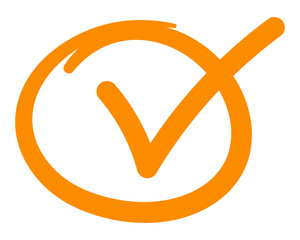 Orange check mark in hand-drawn circle, flat verification icon for approval, minimal tick symbol for UI confirmation, survey response, and completed tasks © Hasheb Anzar