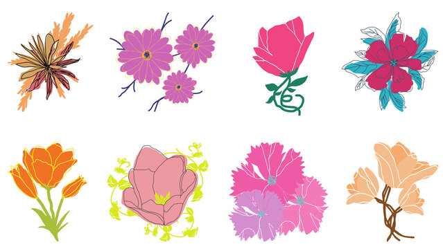 Flower Collection Sticker Set 1 | Roj, Jasvandi & More | Vector Art Illustration | Colourful Floral Designs, First set of different flowers including Roj, Jasvandi, and other popular flowers