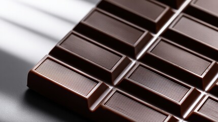 Close up of rich dark chocolate bar with distinct segments and textured surface