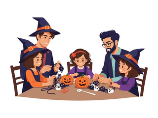 Spooky Halloween Crafting: A close-knit family, donned in festive witch hats, gathers around a table to create spooky decorations, carving pumpkins with enthusiasm and spreading the Halloween spirit.