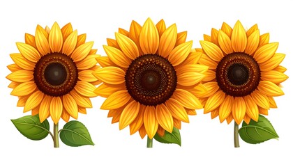 Naklejka premium Three sunflowers on white background