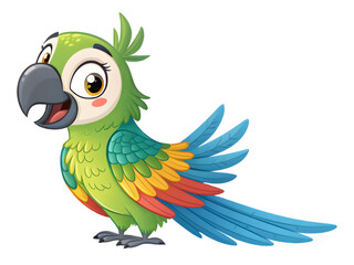 Fototapeta premium Cute cartoon green macaw parrot with colorful feathers and big eyes
