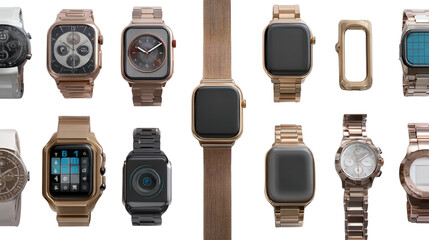 High-End Smart Watches: A flat lay of high-end smart watches with sleek, modern designs, isolated on a Transparent background, PNG file.
