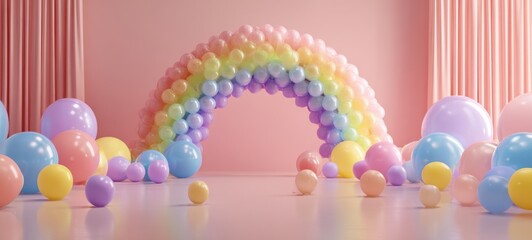 The vibrant rainbow balloon arch in a pastel-themed party setting.