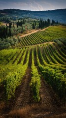Naklejka premium Rolling Hills Vineyard with Cypress Trees