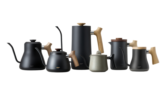 High-End Tea Kettles: A flat lay of high-end tea kettles with sleek designs, isolated on a Transparent background, PNG file.