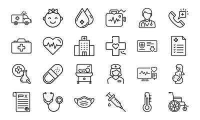 Medical Healthcare Outline Icons Set – Ambulance, Doctor, Nurse, Hospital, First Aid, Baby Care, Pregnancy, Medicine, Laboratory, Pharmacy, and Patient Treatment Vector Pack