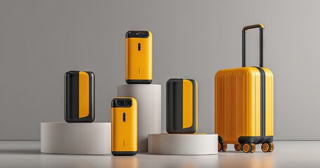 A studio shot shows various sizes of yellow and black rectangular devices, resembling power banks or portable chargers, displayed on minimalist white cylindrical platforms, 