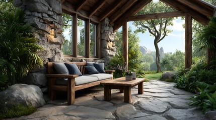 Obraz premium A realistic high-definition photo of a light-filled conservatory with garden view.