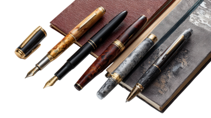High-End Writing Instruments: A flat lay of high-end writing instruments like fountain pens and elegant notepads, isolated on a Transparent background, PNG file.
