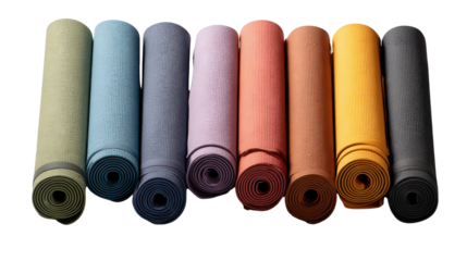 High-End Yoga Mats: A flat lay of high-end yoga mats in various colors, isolated on a Transparent background, PNG file.