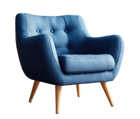 A stylish, mid-century modern armchair in a deep blue fabric with button tufting and light wooden legs, isolated on white