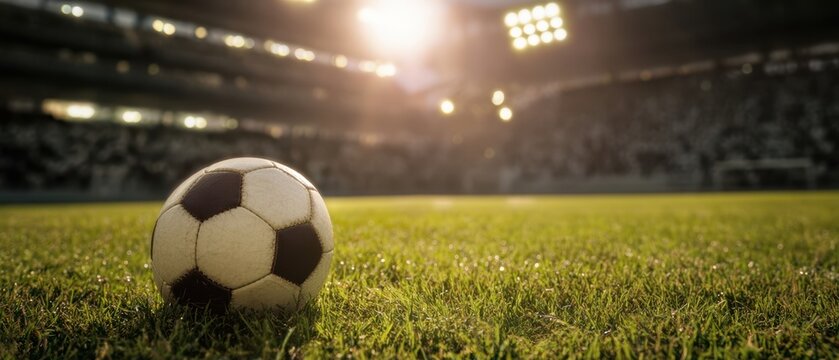 The soccer ball resting on the grass in a well-lit stadium. - Powered by Adobe