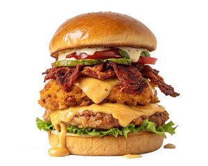 Stacked Chicken Burger with Crispy Bacon and Melted Cheese on a Toasted Bun Perfect for Food Photography