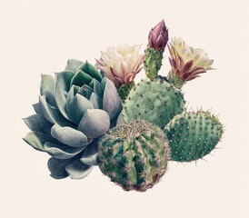 A stylized arrangement of succulents and cacti, featuring a large echeveria, prickly pear pads with blossoms, and a small barrel cactus.  Muted greens and creamy blooms dominate 