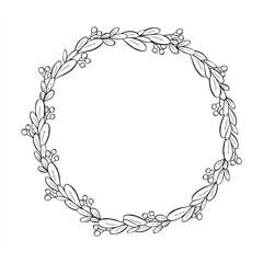 Evergreen berry branch vector monochrome isolated wreath painted by black inks. Simple leaves with berries round border with blank space for text. For Christmas, wedding invitation, winter decoration