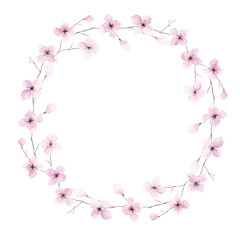 Fototapeta premium Floral frame, wreath hand drawn with watercolor. Blooming Sakura branches. Floral illustration isolated on white. Design element for card, banner, invitation