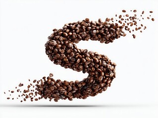 A stylized letter "S" formed from numerous dark roasted coffee beans, with some beans dynamically scattered around it against a stark white backdrop