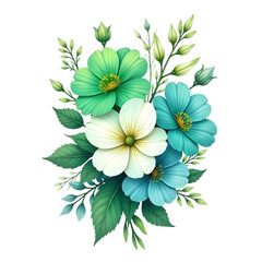 Obraz premium Elegant Teal, White, and Green Floral Bouquet; Soft, Dreamy, Illustrated Style.