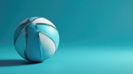 A stylized, teal and white basketball rests on a matching teal background, showcasing a sleek, metallic seam design; a minimalist composition with ample negative space