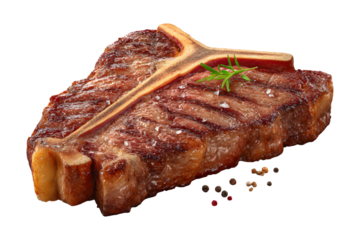 Delicious t-bone steak with rosemary and peppercorns on a transparent background