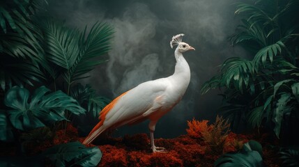 Fototapeta premium Halloween Exotic Animals Concept. Elegant white peacock amidst lush green foliage and plants.