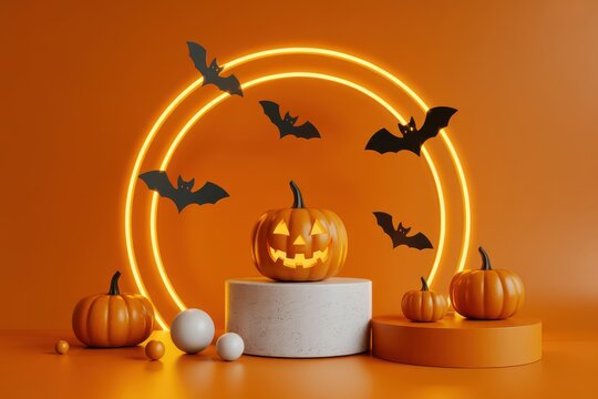 Halloween pumpkins and bats on orange background with neon light circles