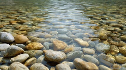 Obraz premium Clear Water Reflecting Stones Under Sunlight at Shallow Depth
