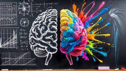 Creative illustration of human brain with colorful paint splash on blackboard background showing artistic imagination