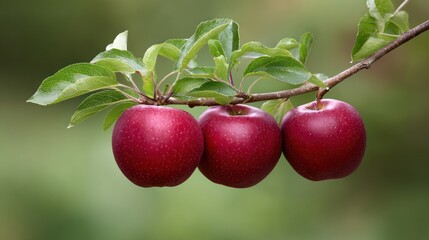 Fresh Red Apples on Branch with Leaves Against Soft Green Background
