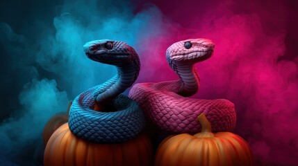 Fototapeta premium Halloween Exotic Animals Concept. Two colorful snakes on pumpkins with a vibrant background.