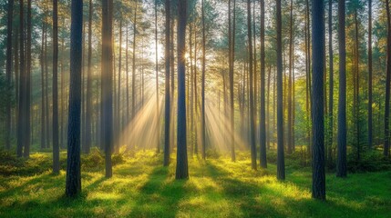 A peaceful forest glade filled with speckled sunlight and surrounded by lofty pine trees